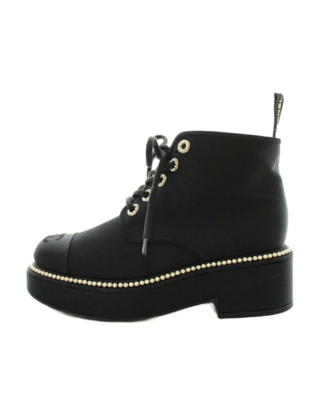Chanel CC Logo Short Boots Lace Up Pearl 37 Black - Picture 2 of 9